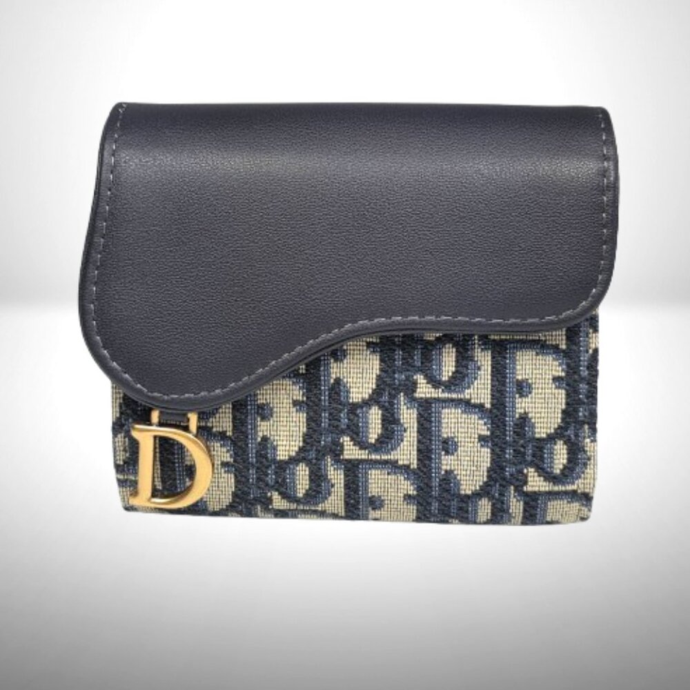 Dior Saddle Lotus Wallet in Blue Oblique Jacquard and Smooth Calfskin - New